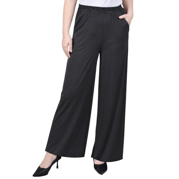 NY Collection Womens Petite Wide Leg Pant Pull On In Black White Taranto Dot PXL - Picture 2 of 3